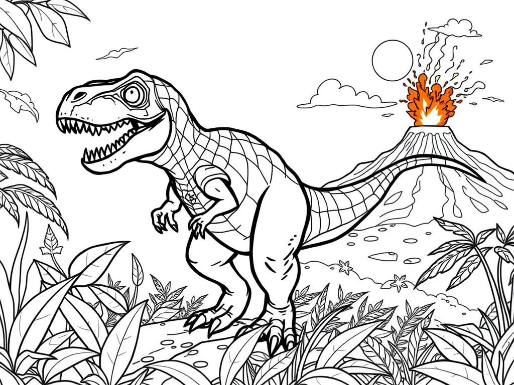 Tyrannosaurus Rex Volcano Coloring Page