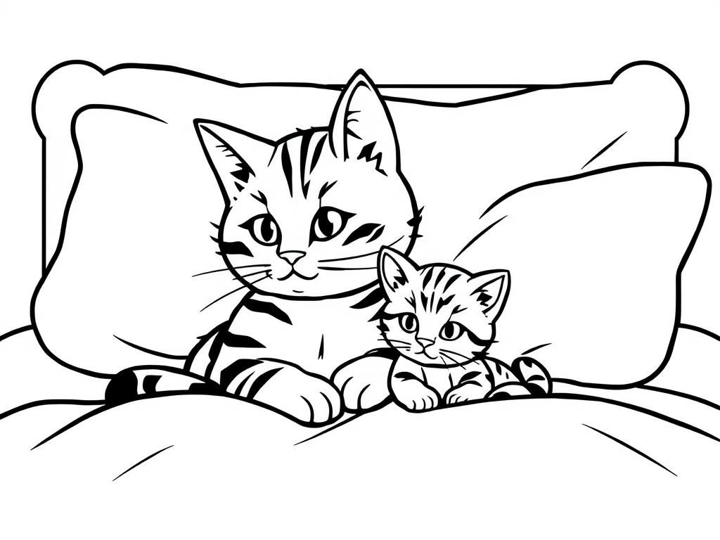 Snuggly Cat and Kitten Coloring Page