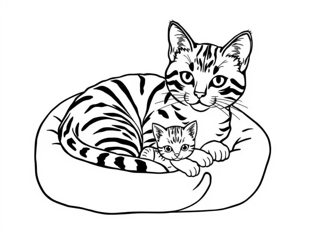 Cat and Kitten Coloring Page for Kids