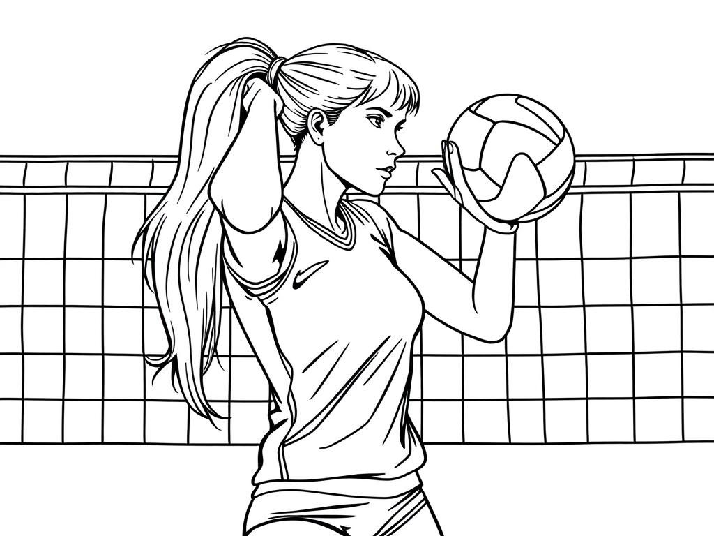 Tall, blonde, metal blocker volleyball player with a ponytail, blocking a ball at the net