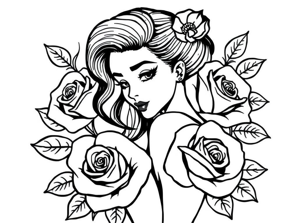 Coloring Page of a Woman Amongst Roses