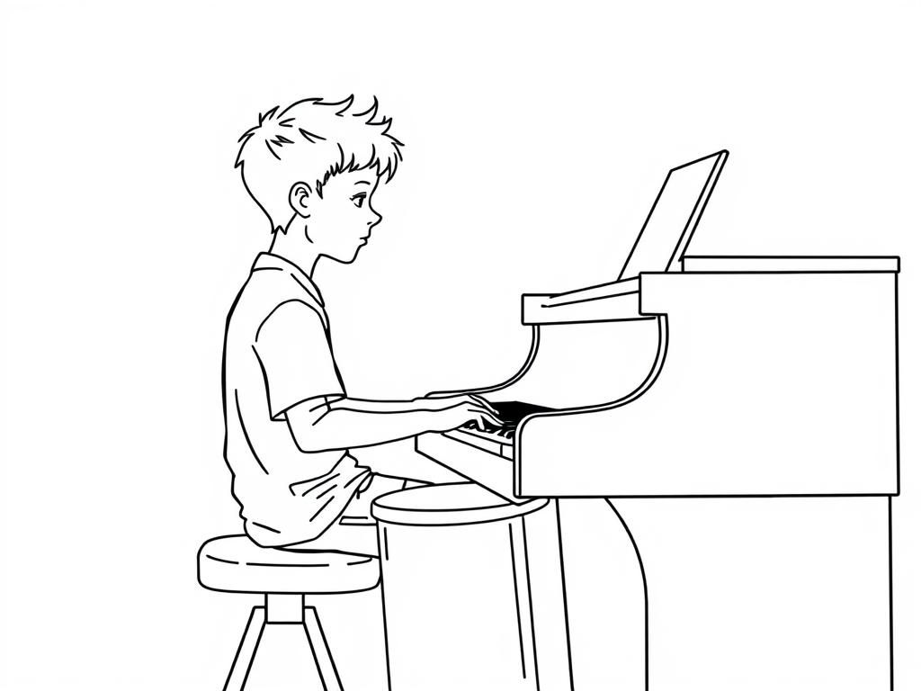 Teen boy playing piano while playing the drums