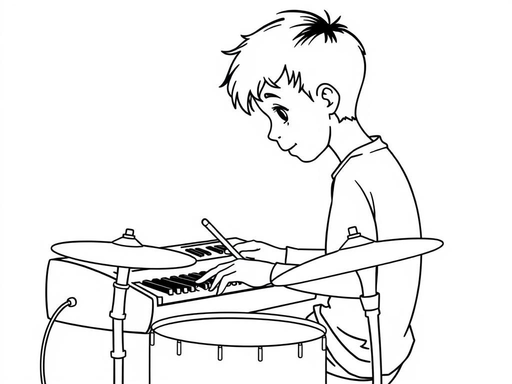 Teen boy playing piano while playing the drums