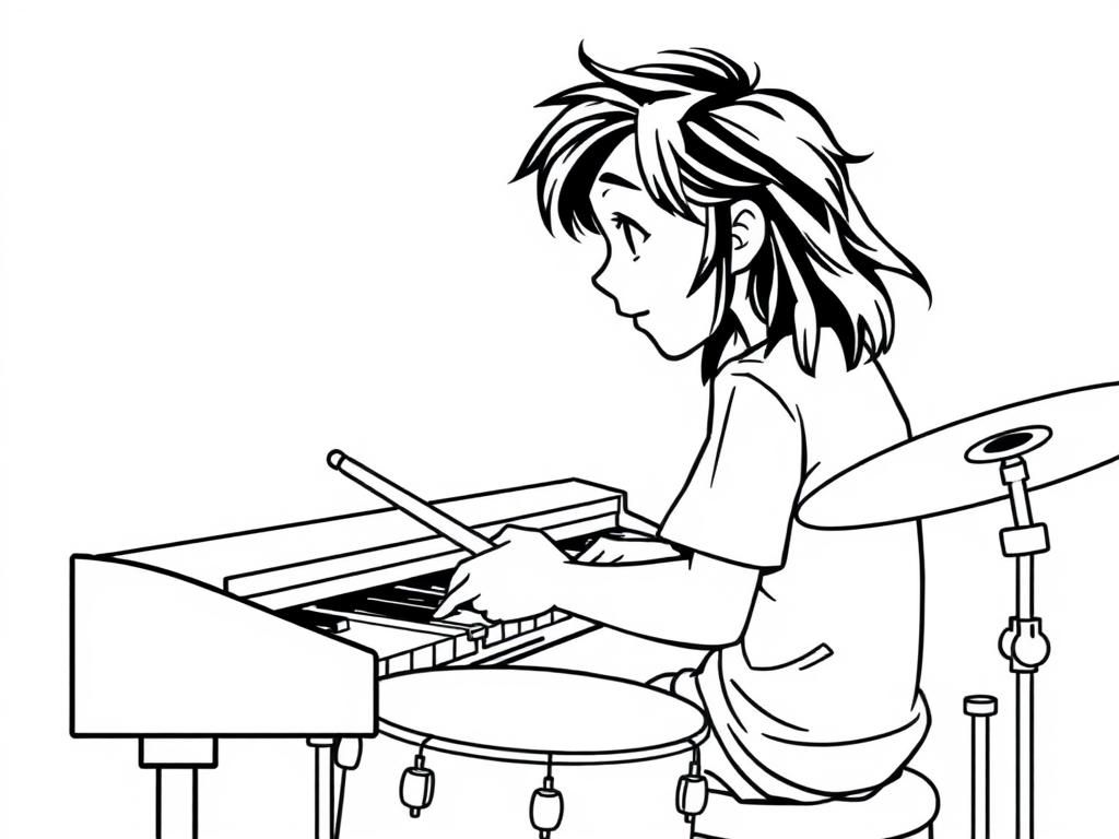 Teen boy with long hair playing the piano while playing the drums at the same time not anime