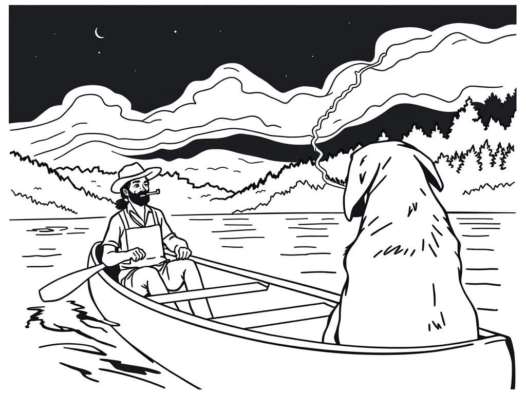 teen girl and night view of canoe with a brown dog at right and cigaret smoking dark man with hat at left on canoe looking both at right