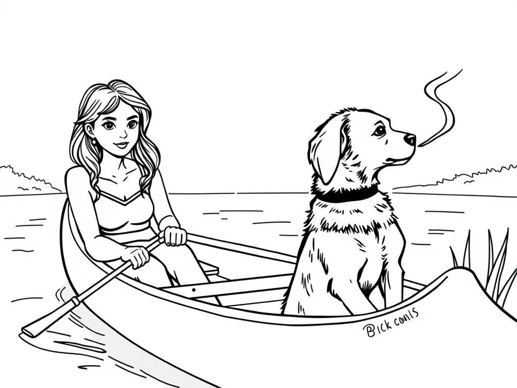 teen girl and night view of canoe with a brown dog at right and cigaret smoking dark man with hat at left on canoe looking both at right