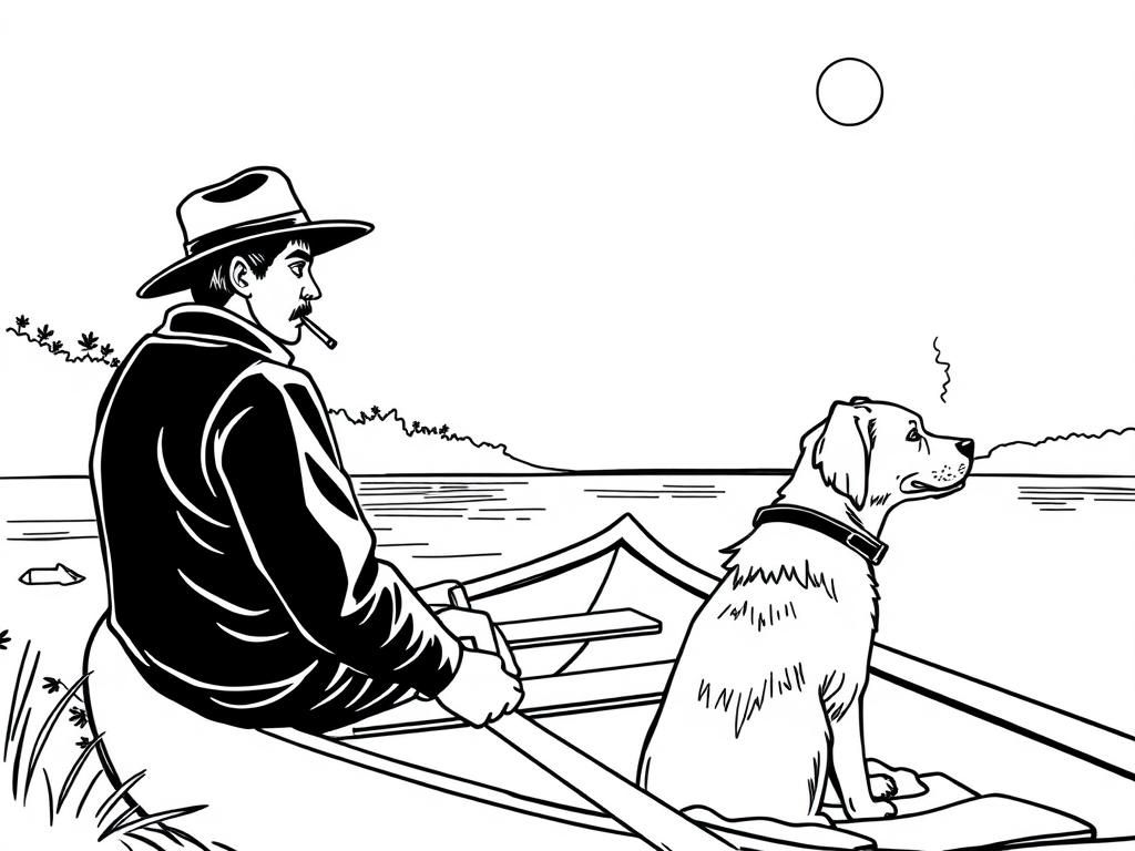 teen girl and night view of canoe with a brown dog at right and cigaret smoking dark man with hat at left on canoe looking both at right