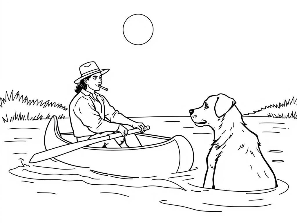 teen girl and night view of canoe with a brown dog at right and cigaret smoking dark man with hat at left on canoe looking both at right