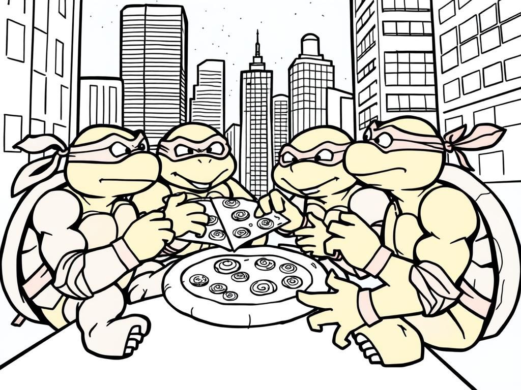 Preview of Teenage mutant ninja turtles eating  pizza in the city at night