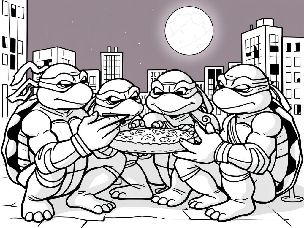 Preview of Teenage mutant ninja turtles eating  pizza in the city at night