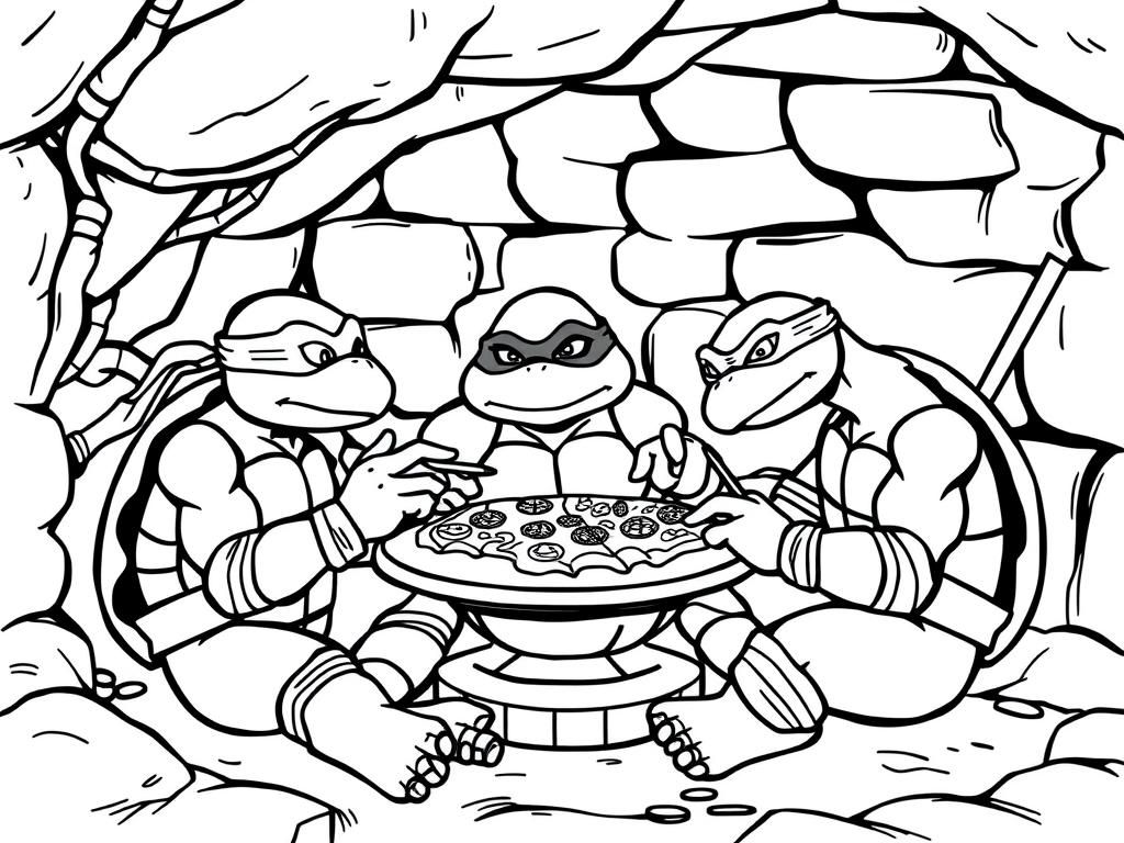 Preview of Teenage mutant ninja turtles eating pizza with master splinter in their sewer lair