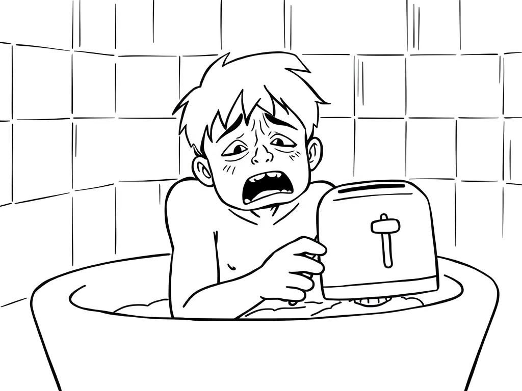 Preview of teenager in distress in bath tub with toaster bathroom scene being shocked