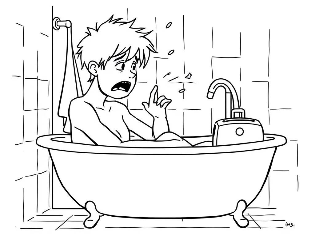 Preview of teenager in distress in bath tub with toaster bathroom scene being shocked very detailed