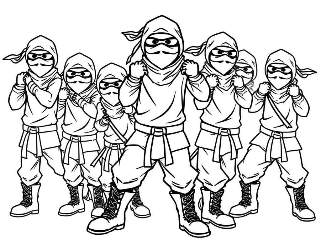 ten tall grown up ninjas with boots ready to fight