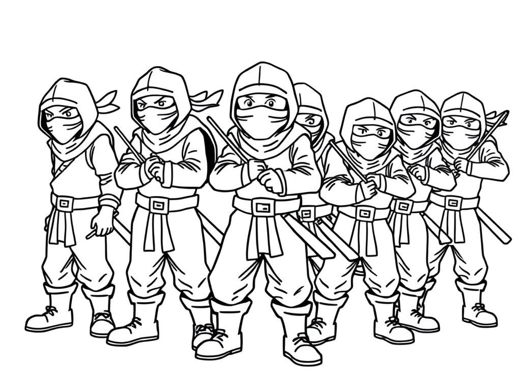 ten tall grown up ninjas with boots ready to fight