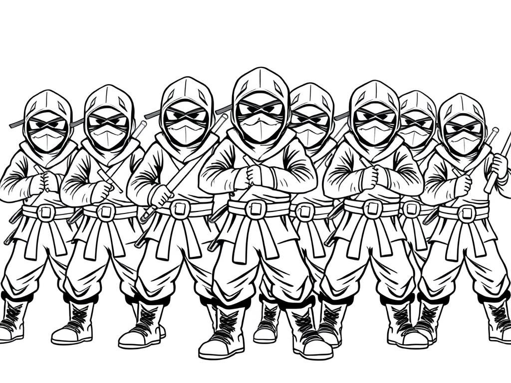 ten tall grown up ninjas with boots ready to fight