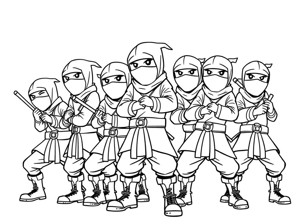 ten tall grown up ninjas with boots ready to fight