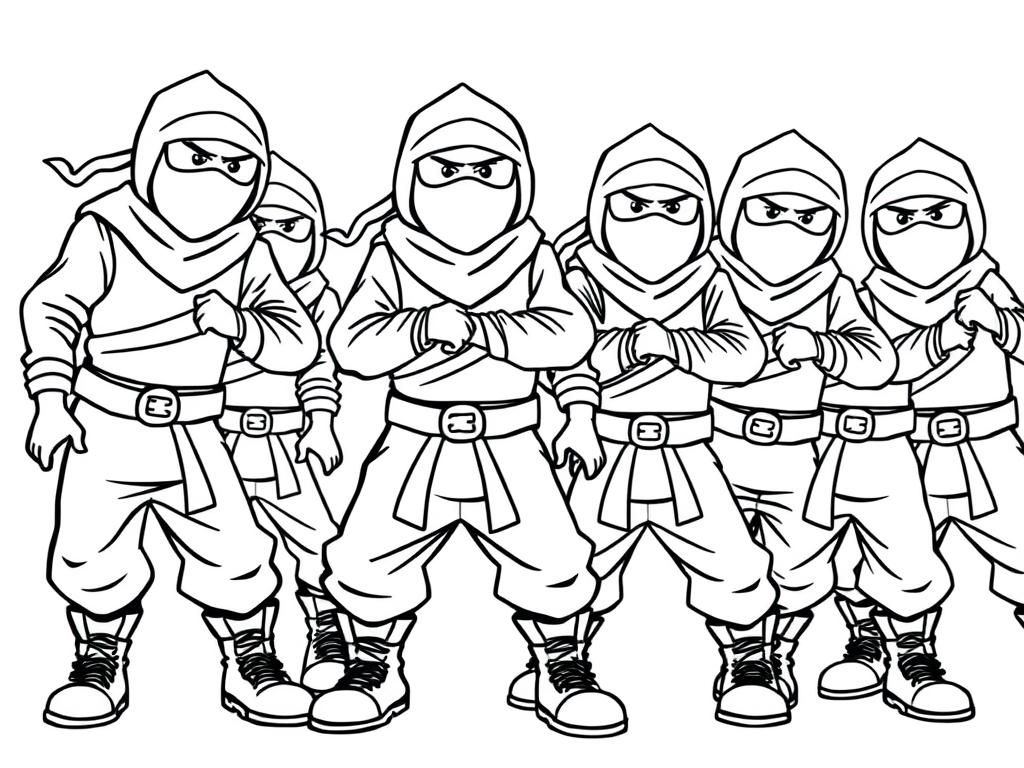 ten tall grown up ninjas with boots ready to fight