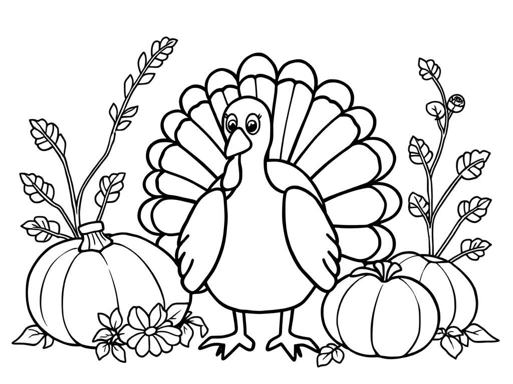 Turkey and Pumpkins Coloring Page
