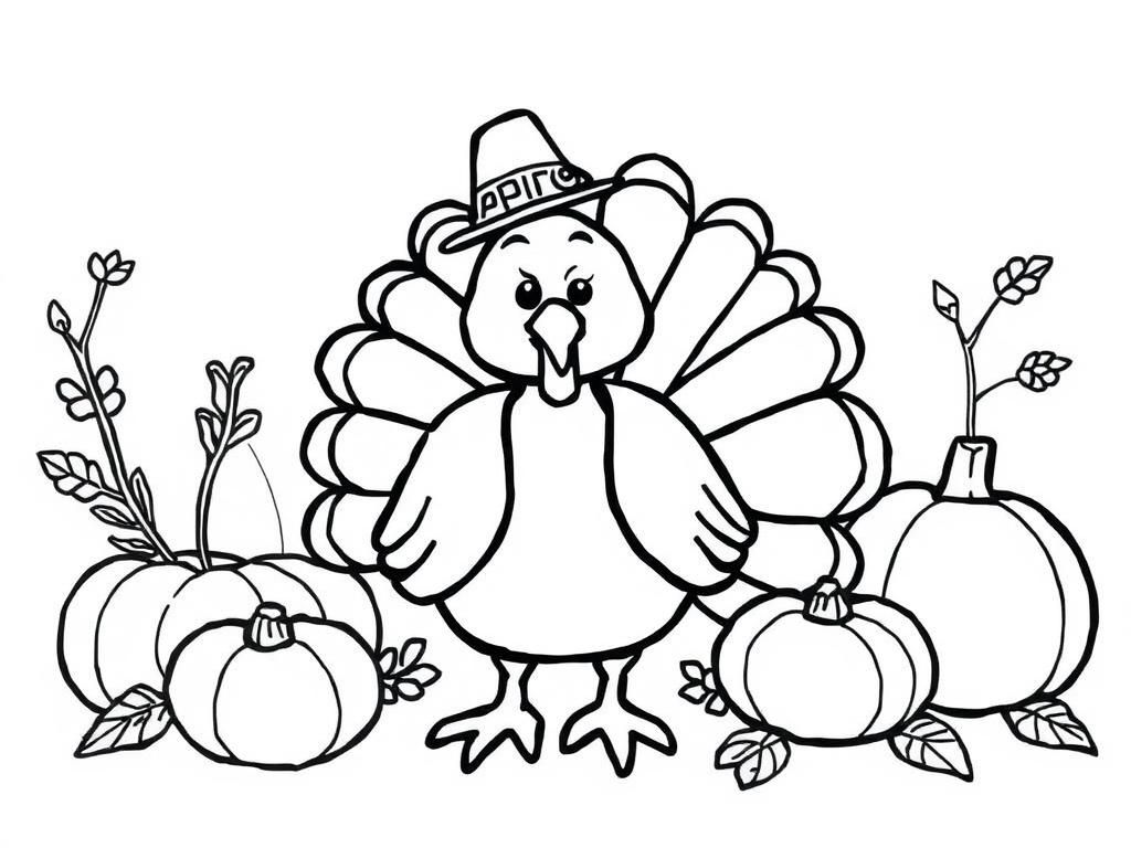 Turkey and Pumpkins Thanksgiving Coloring Page