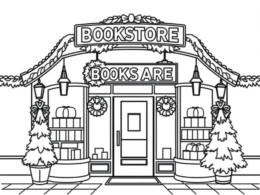 The front entrance of a bookstore. It should be decorated for winter and Christmas with wreaths and pine trees - Free Printable Coloring Page