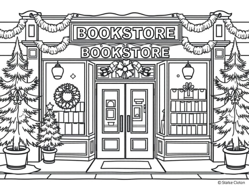 The front entrance of a bookstore. It should be decorated for winter and Christmas with wreaths and pine trees - Free Printable Coloring Page