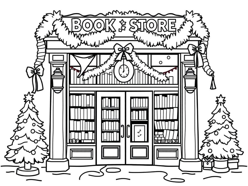 the front of a book store decorated for the christmas holidays - Free Printable Coloring Page