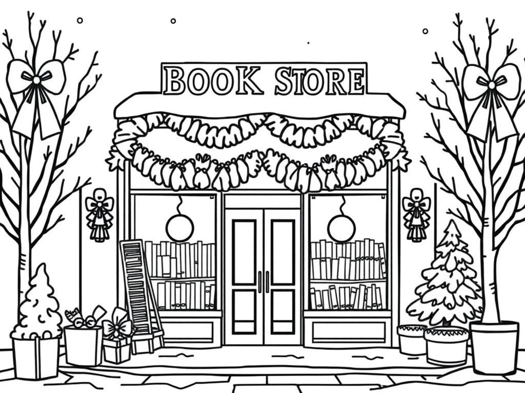 the front of a book store decorated for the christmas holidays in winter - Free Printable Coloring Page
