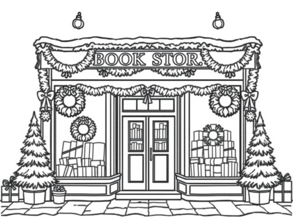 the front of a book store decorated for the christmas holidays with wreaths and pine trees and it should look cozy - Free Printable Coloring Page