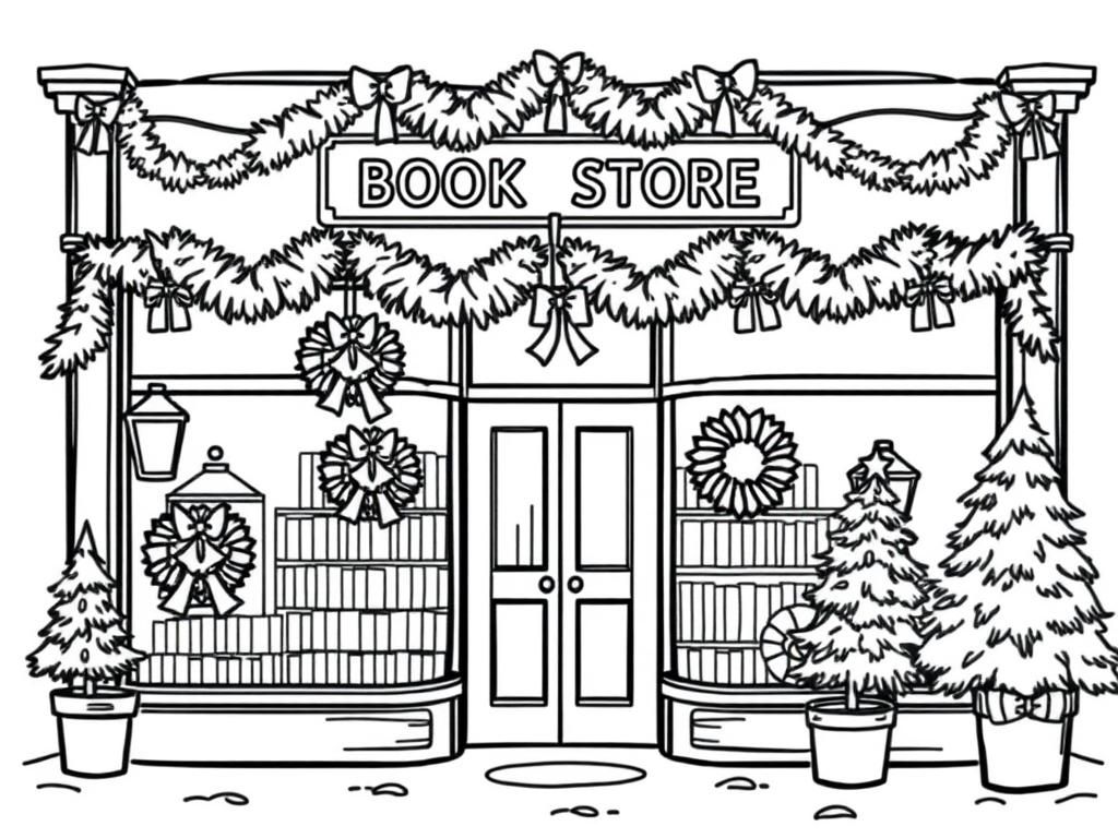 the front of a book store decorated for the christmas holidays with wreaths and pine trees and it should look cozy - Free Printable Coloring Page