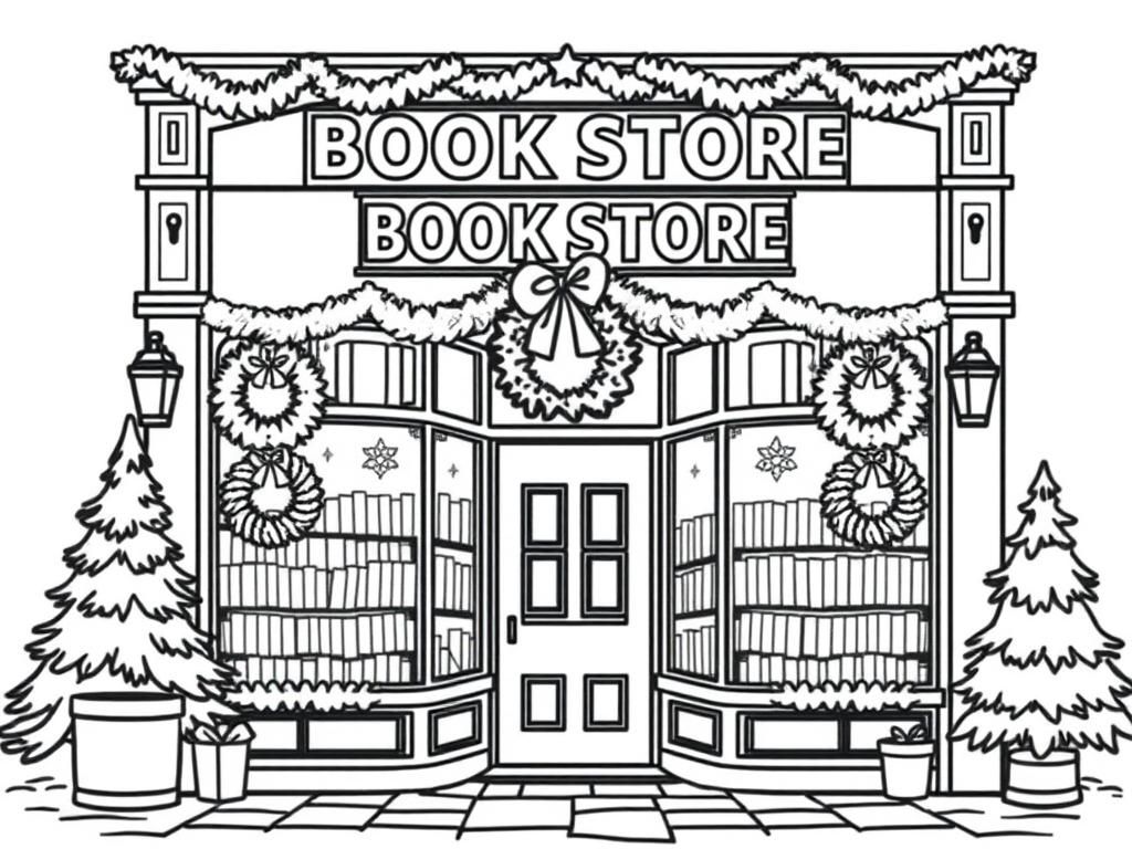 the front of a BOOKSTORE decorated for the christmas holidays with wreaths and pine trees and it should look cozy - Free Printable Coloring Page