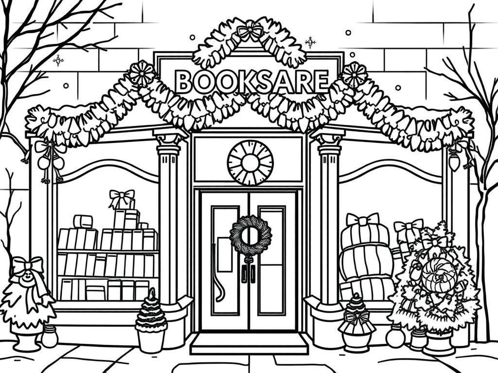 the front of a bookstore decorated for the winter holidays