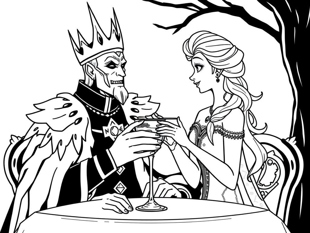 The Lich King from World of Warcraft on a date with Elsa - Free Printable Coloring Page
