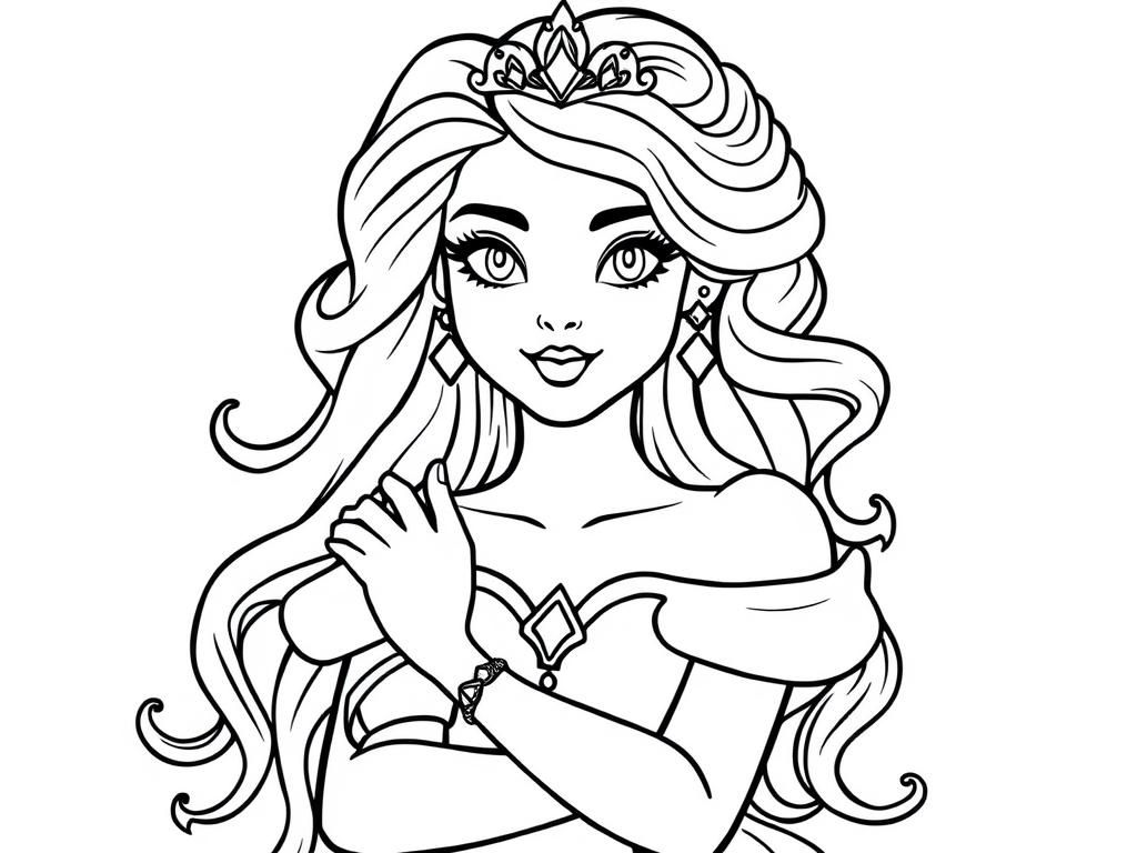 the most beautiful princess ever with a beautiful dress diamond bracelets and diamonds in the hair curly hiar - Free Printable Coloring Page