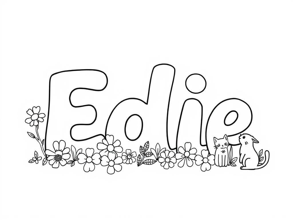 Edie Name Coloring Page with Flowers and Pets