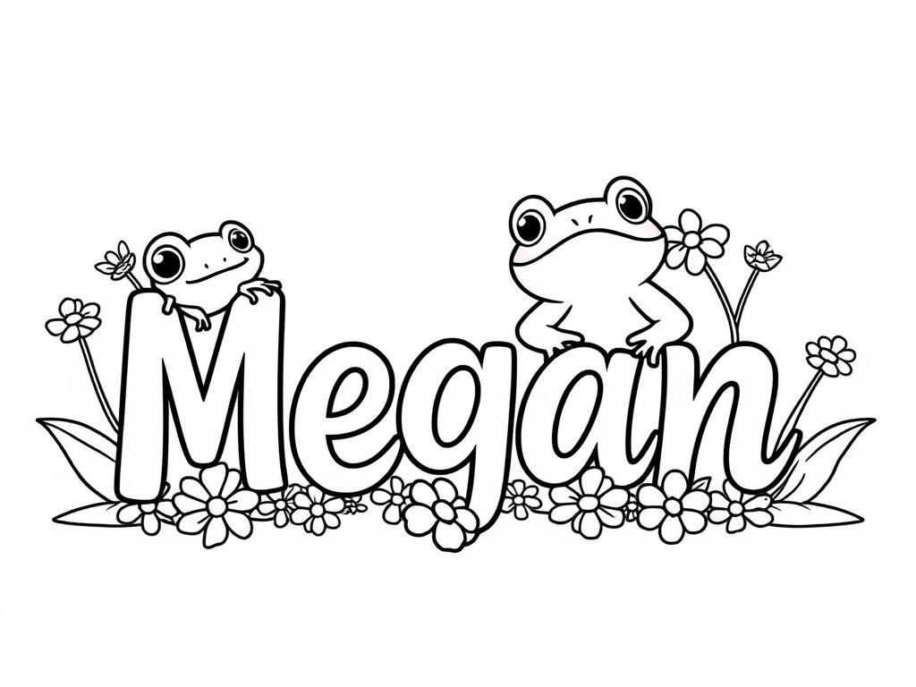 the name megan with cute frogs and flowers around it - Free Printable Coloring Page