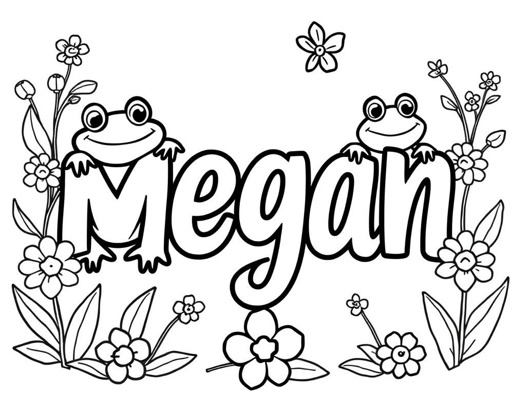 Coloring Page of Megan with Frogs and Flowers