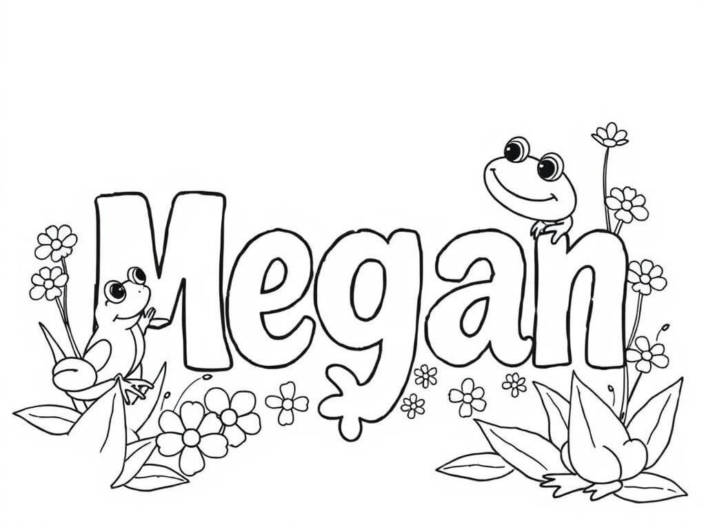 the name megan with cute frogs and flowers around it - Free Printable Coloring Page