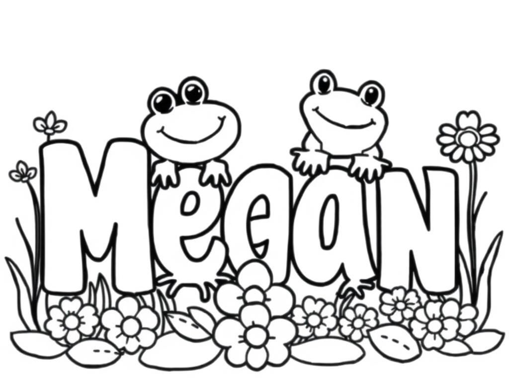 the name megan with cute frogs and flowers around it - Free Printable Coloring Page