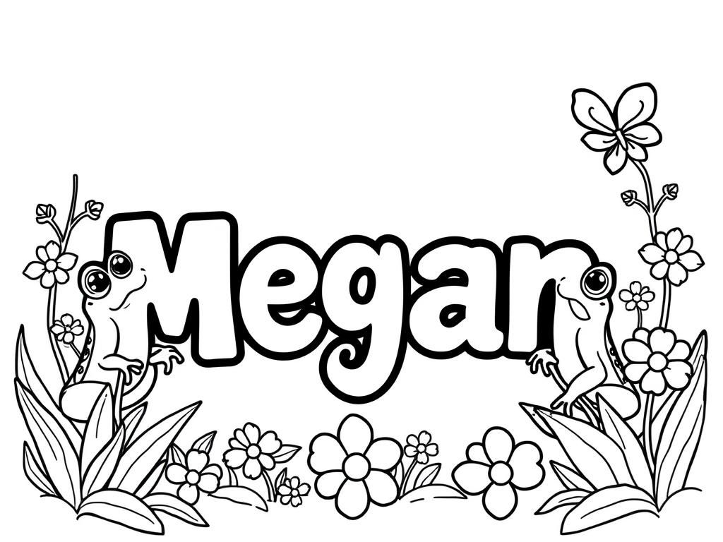 the name megan with cute frogs and flowers around it - Free Printable Coloring Page