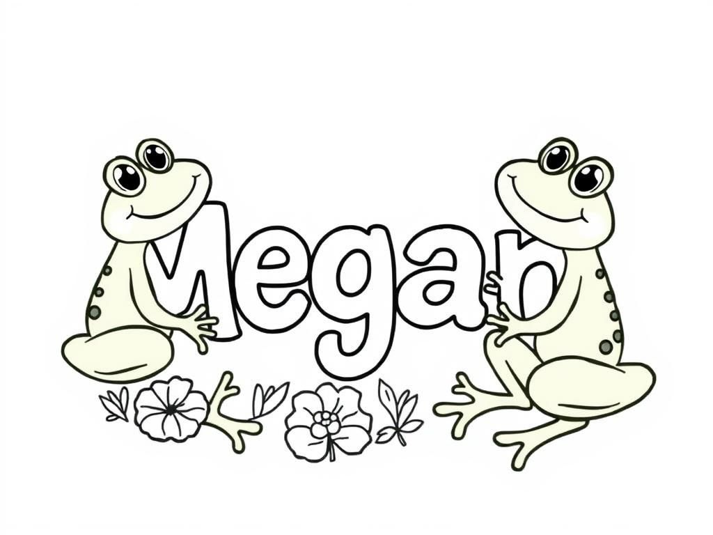 the name megan with cute frogs around it - Free Printable Coloring Page