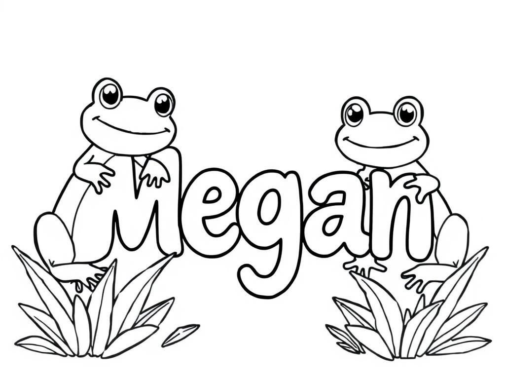 the name megan with cute frogs around it - Free Printable Coloring Page