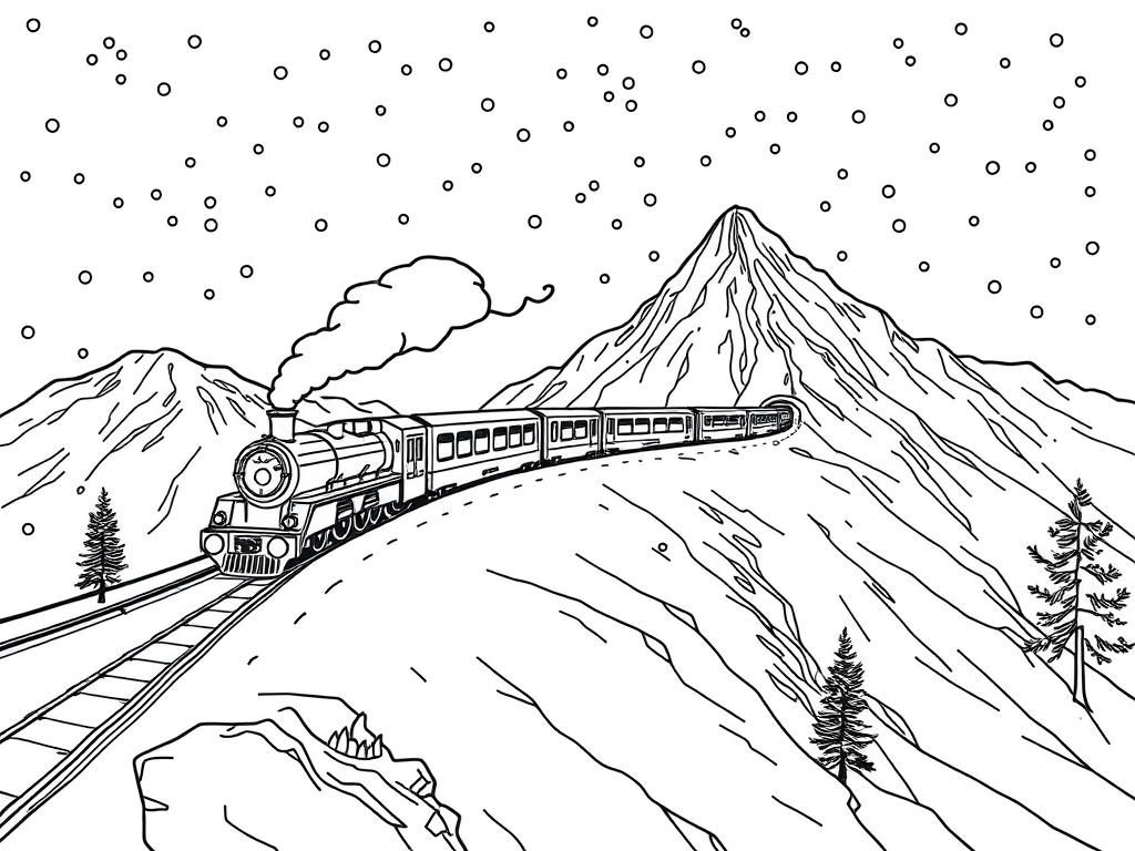 the orient express going up in a mountain throgh a snowfall - Free Printable Coloring Page