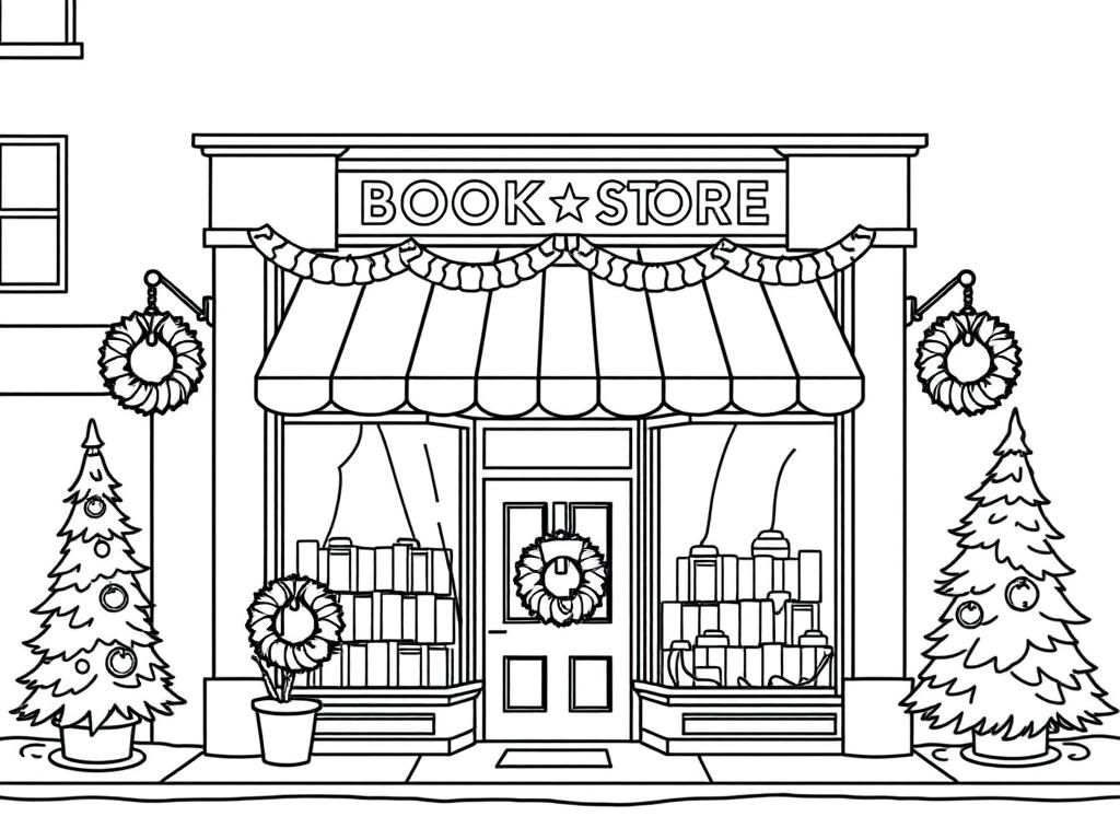 the outside front of a book store on a street decorated for Christmas with wreaths and pine trees - Free Printable Coloring Page