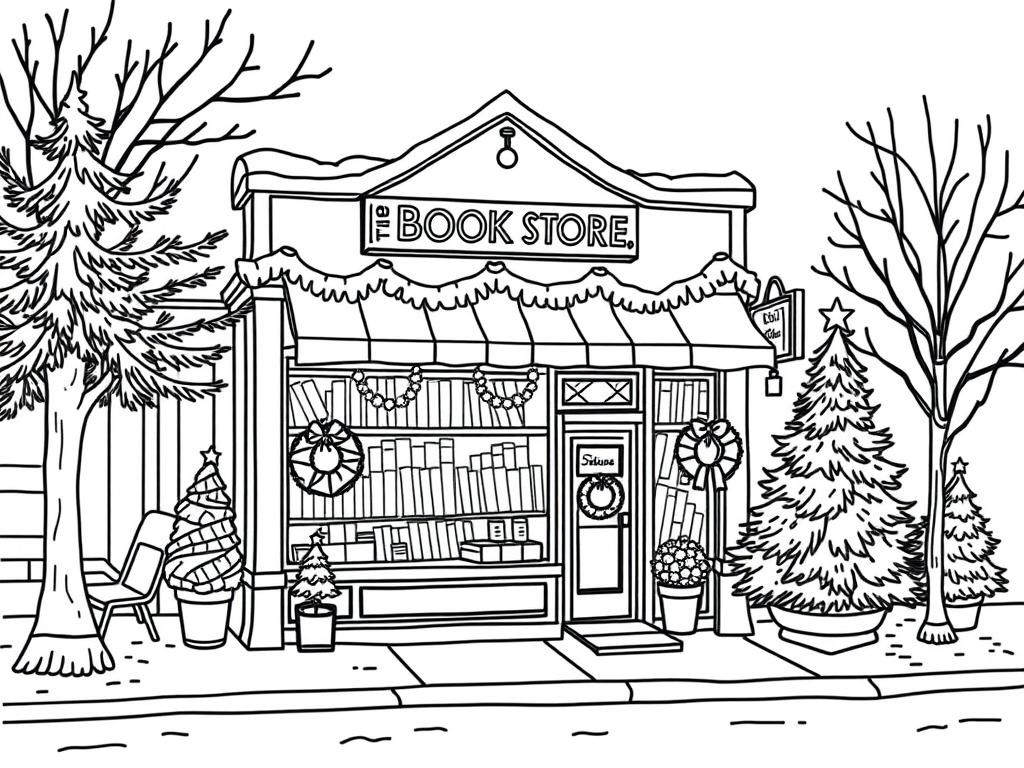 the outside of a book store on a street decorated for Christmas with wreaths and pine trees and it should look cozy - Free Printable Coloring Page