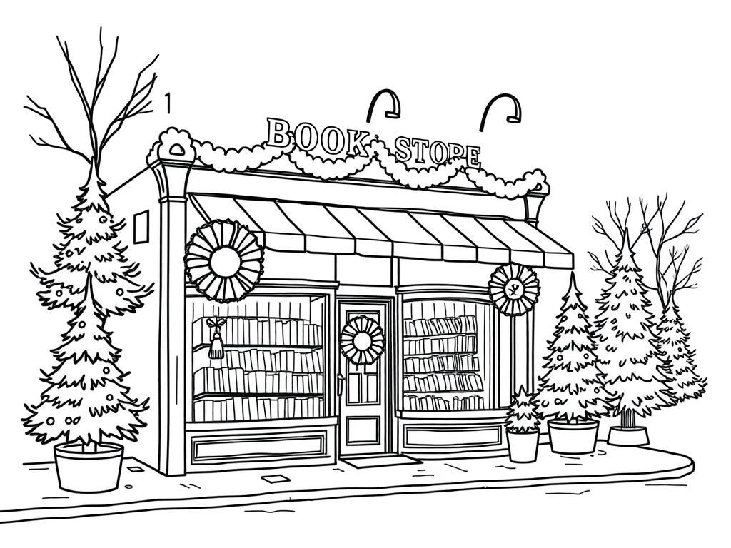 the outside of a book store on a street decorated for Christmas with wreaths and pine trees and it should look cozy - Free Printable Coloring Page