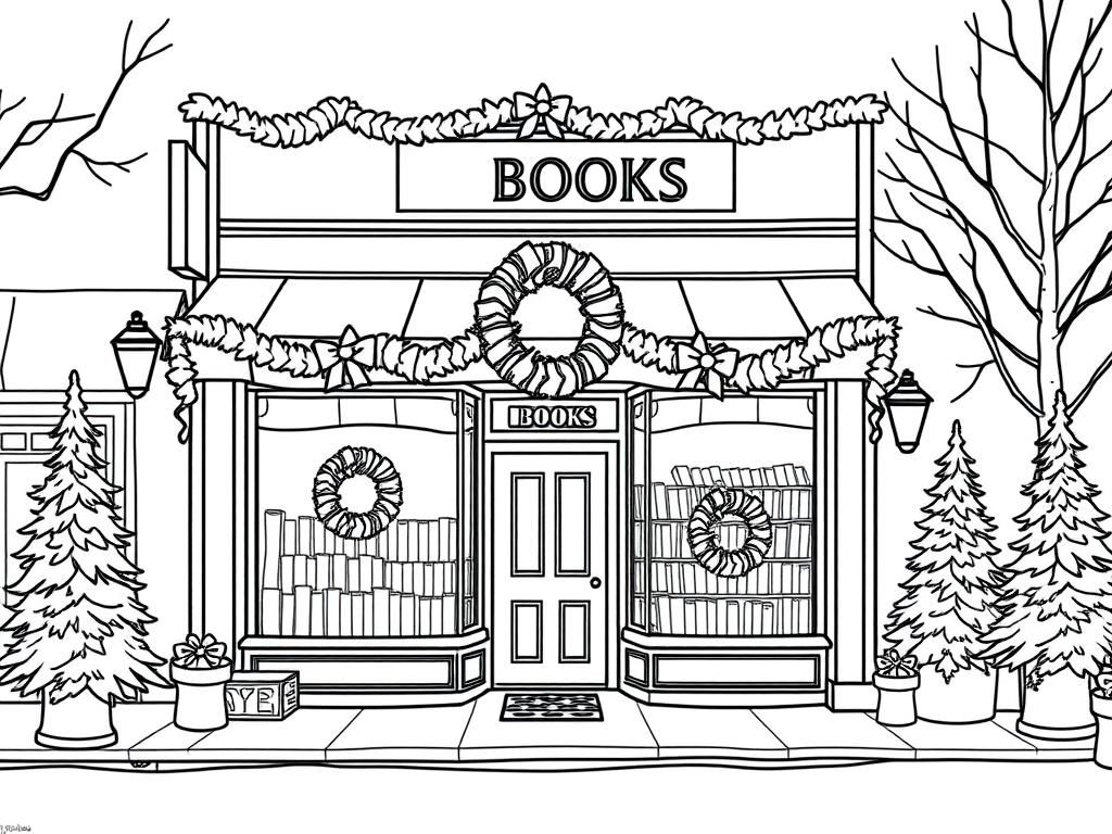 the outside of a book store on a street decorated for Christmas with wreaths and pine trees and it should look cozy - Free Printable Coloring Page