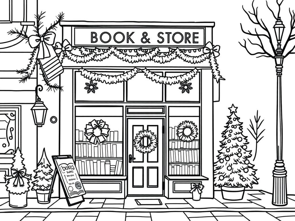 the outside of a book store on a street decorated for Christmas with wreaths and pine trees and it should look cozy - Free Printable Coloring Page