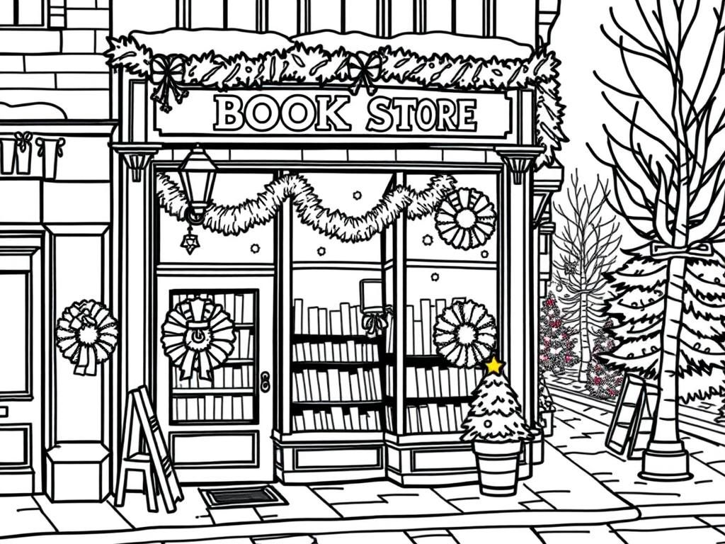 the outside of a book store on a street decorated for the christmas holidays with wreaths and pine trees and it should look cozy - Free Printable Coloring Page