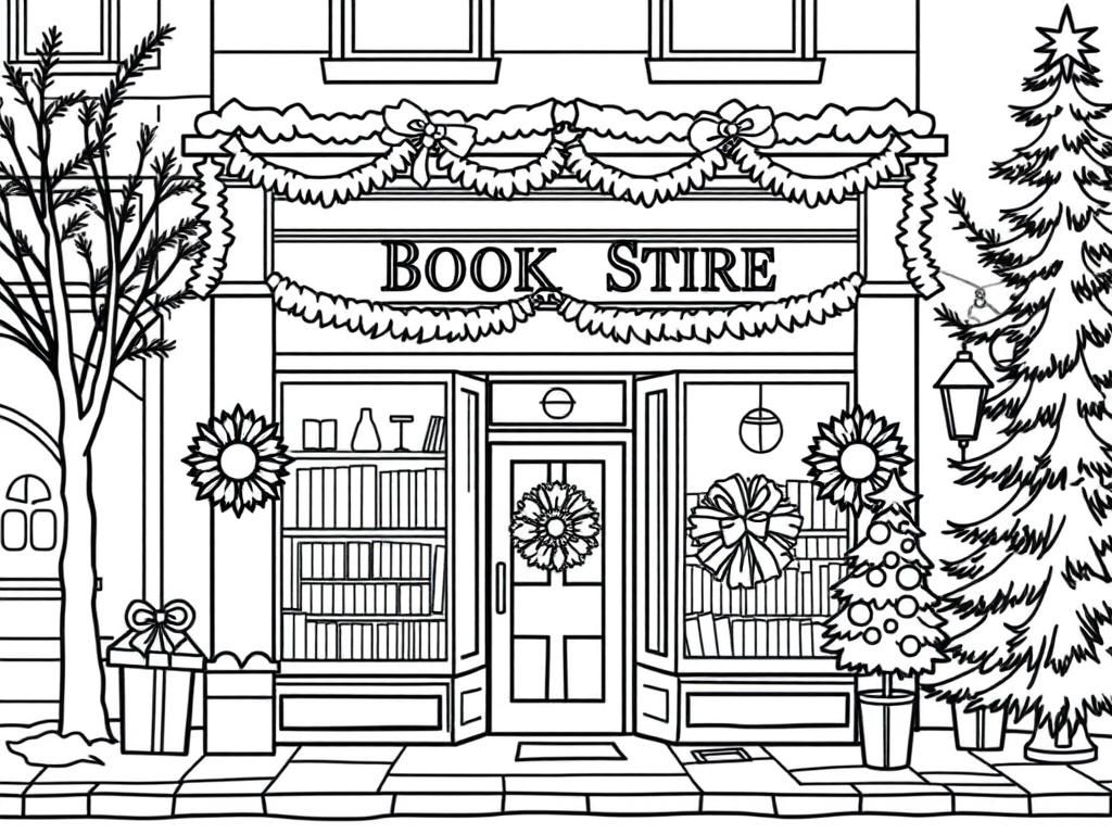 the outside of a book store on a street decorated for the christmas holidays with wreaths and pine trees and it should look cozy - Free Printable Coloring Page